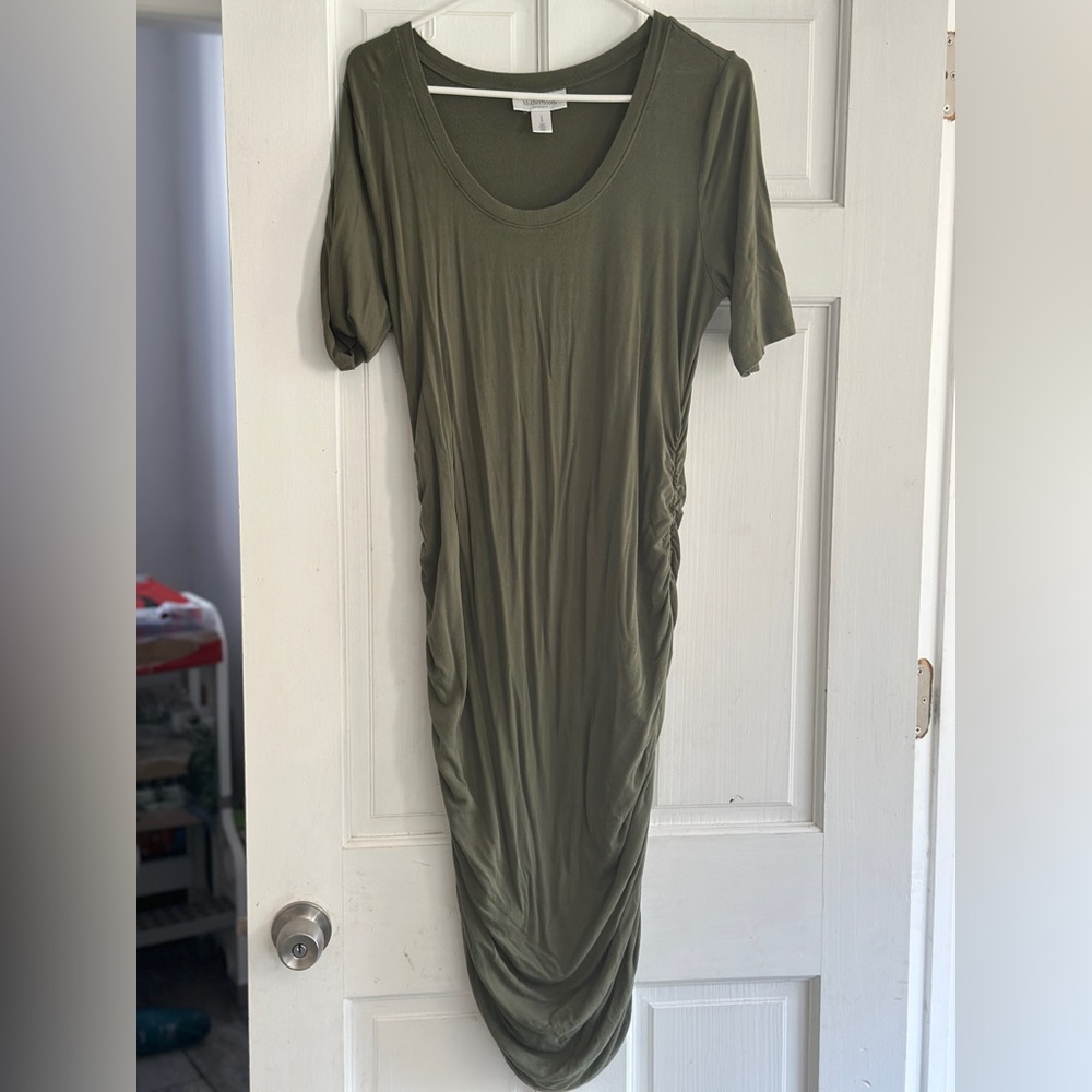 Motherhood Olive Green Maternity Dress - Knee-Length, 3/4 Sleeves, Size Large